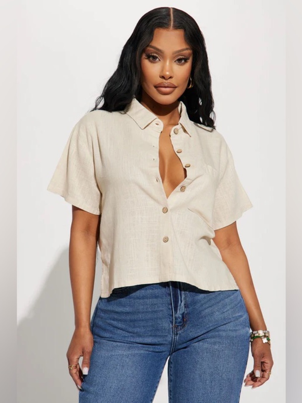 Linen Button-Front Short Sleeve Top in Cream